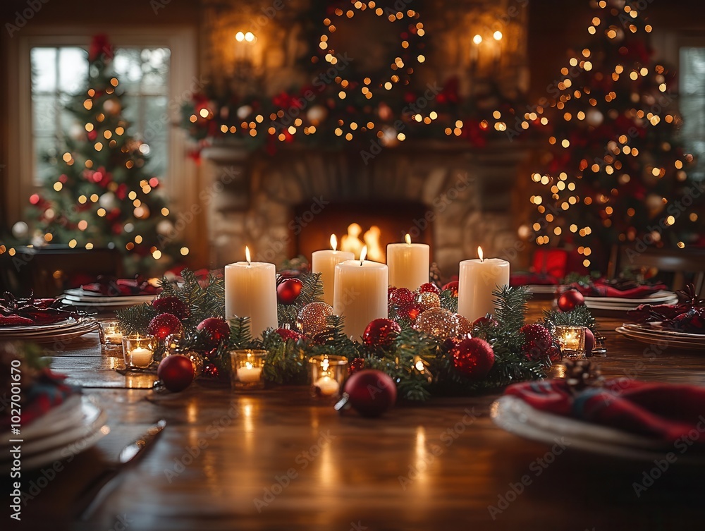 holiday table adorned with a christmas tree and a cozy fireplace, warm glow from lights creating a festive ambiance, inviting design emphasizing family gatherings and seasonal joy holiday table adorned with a christmas tree and a cozy fireplace, warm glow from lights creating a festive ambiance, inviting design emphasizing family gatherings and seasonal joy