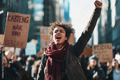 A powerful visual capturing fervent individuals rallying with vibrant signs against economic inequality. photo