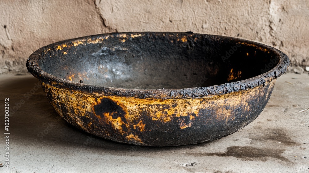 Fototapeta premium Vintage Rusted Cooking Dish on Concrete Surface