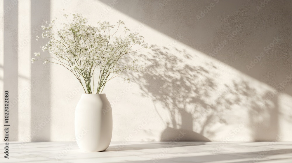 minimalist interior with white ceramic vase, beautiful baby's breath flowers, bright sunlight streaming through the window. Ai generated image minimalist interior with white ceramic vase, beautiful baby's breath flowers, bright sunlight streaming through the window. Ai generated image