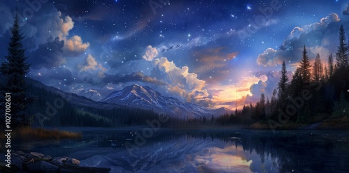 A painting of a night sky with stars above a lake.