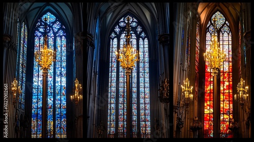 Stained Glass Windows and Chandelier in a Gothic Cathedral Interior