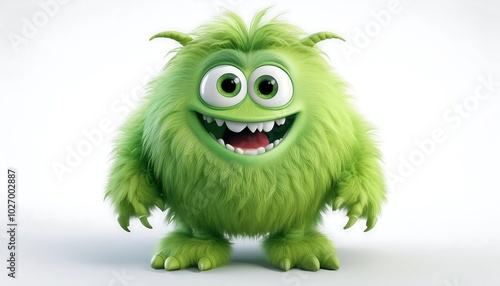 A cheerful green monster grins, its fluffy fur shimmering against a bright white background. Playful horns add to its charming appeal!