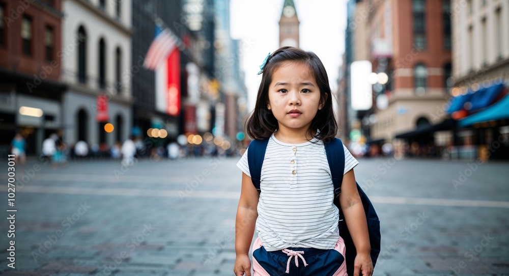 American child girl in casual shorts and shirt neutral expression portrait photo city square background American child girl in casual shorts and shirt neutral expression portrait photo city square background