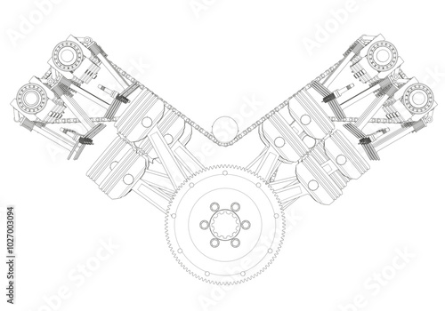 Black V-shaped car engine on white background.