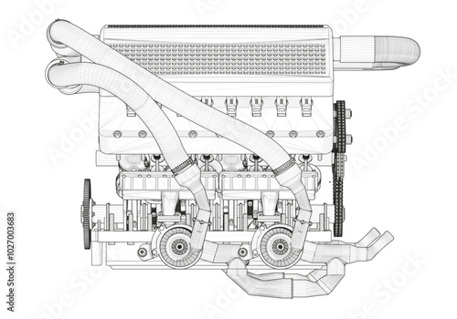 Black V-shaped car engine on white background.