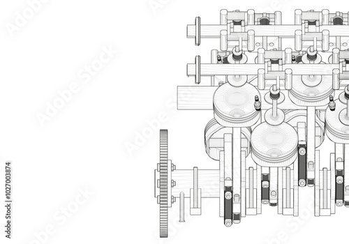 Black V-shaped car engine on white background.