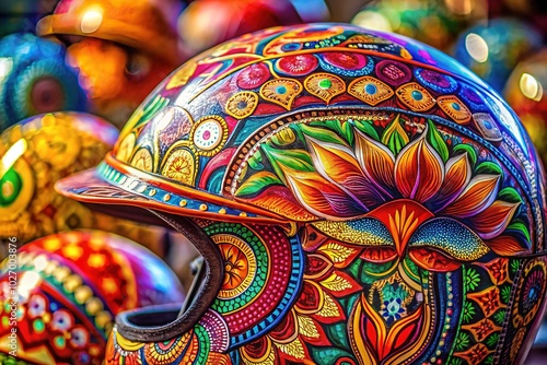 Unique Capeline Helmet Design Featuring Intricate Patterns and Vibrant Colors on a Plain Background