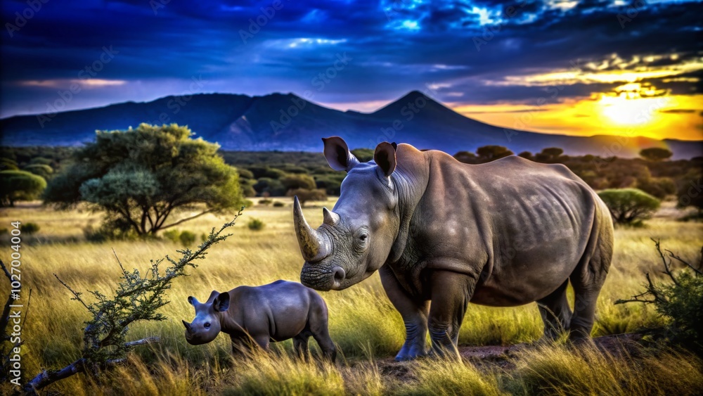 Fototapeta premium Rhino Mother and Baby in Waterberg: A Stunning Wildlife Encounter