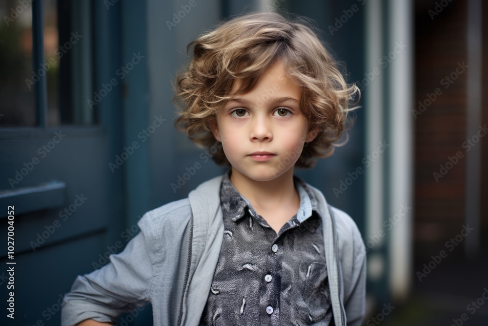 Outdoor portrait of cute little boy with blond curly hair and blue eyes Outdoor portrait of cute little boy with blond curly hair and blue eyes