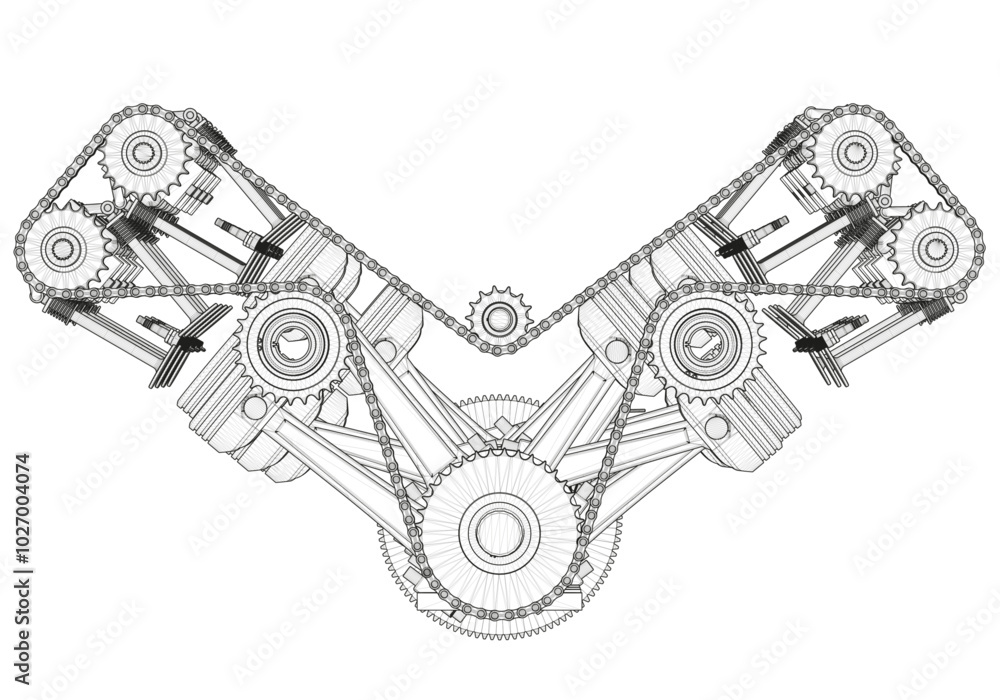 Black V-shaped car engine on white background. Black V-shaped car engine on white background.