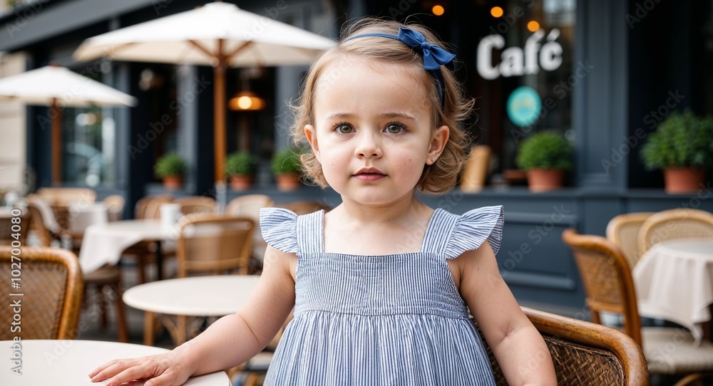 French toddler girl in a sundress calm expression portrait photo outdoor café background French toddler girl in a sundress calm expression portrait photo outdoor café background