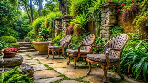 Unique Stone Chairs in a Serene Outdoor Setting Surrounded by Lush Greenery and Natural Beauty