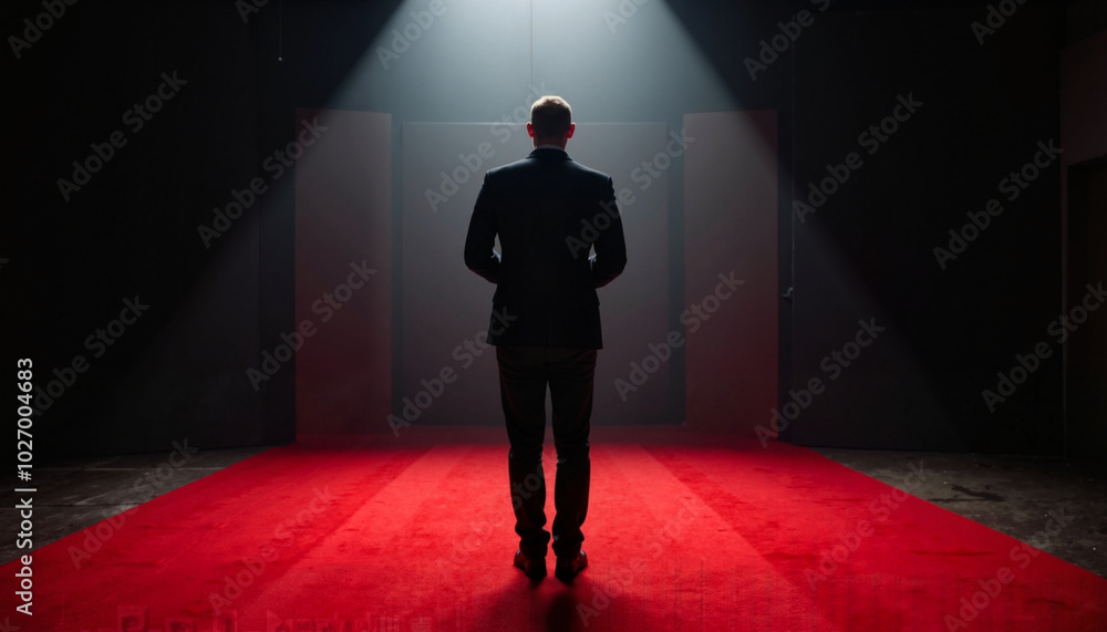 Obraz premium Man standing on a red carpet under a spotlight, movie premieres