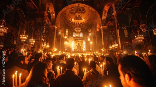 Easter service at a Greek Orthodox church in Athens with a procession and worshippers holding candles during a vigil mass.