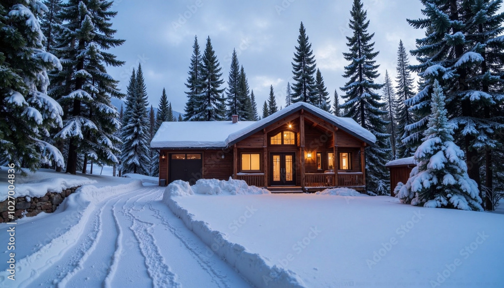 Cozy wooden cabin in a snowy forest during winter evening