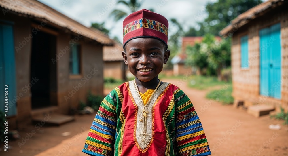 Fototapeta premium Nigerian kid boy in colorful traditional attire happy expression portrait photo village background