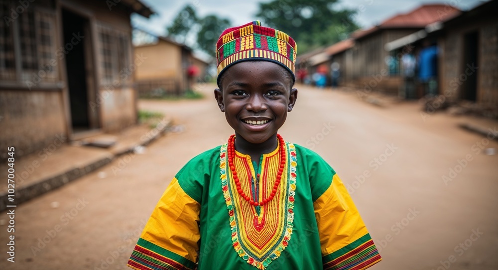 Fototapeta premium Nigerian kid boy in colorful traditional attire happy expression portrait photo village background