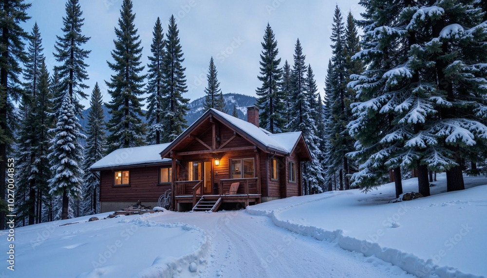 Cozy wooden cabin in a snowy forest during winter evening Cozy wooden cabin in a snowy forest during winter evening