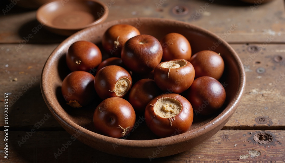 Bowl of roasted chestnuts on a rustic table, Seasonal menu Bowl of roasted chestnuts on a rustic table, Seasonal menu