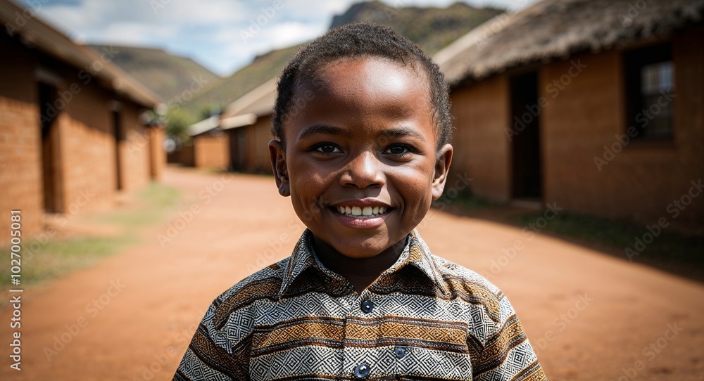 South African child boy in a traditional shirt smiling portrait photo village background South African child boy in a traditional shirt smiling portrait photo village background