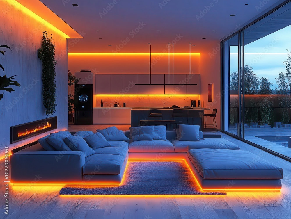 interior view of a smart home enhanced with ai and augmented reality, featuring sleek modern design, interactive smart devices, and a seamless home management system bathed in soft, ambient lighting interior view of a smart home enhanced with ai and augmented reality, featuring sleek modern design, interactive smart devices, and a seamless home management system bathed in soft, ambient lighting