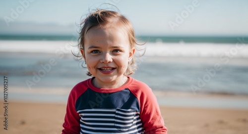 South African toddler girl in casual clothes smiling portrait photo beach background