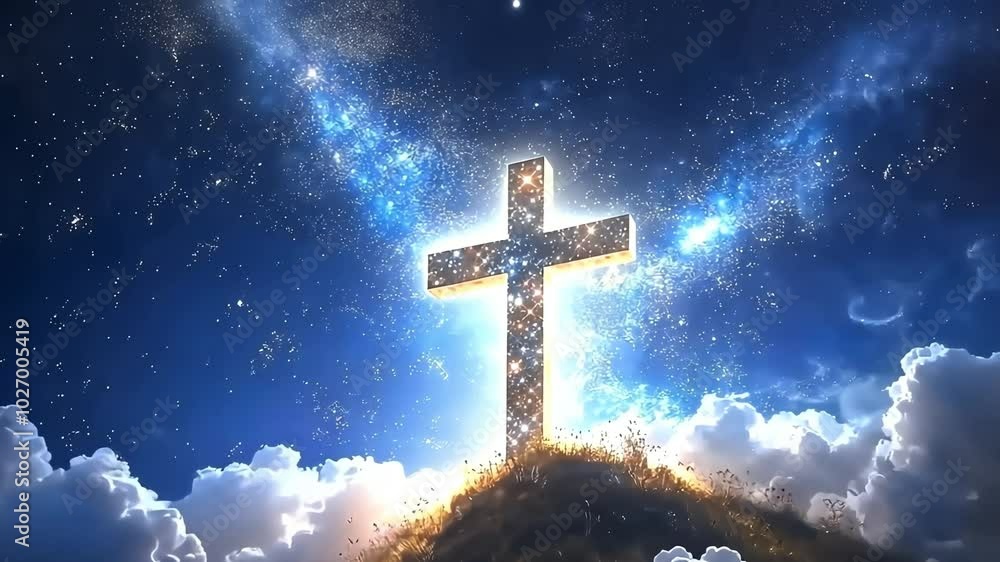 A large, glowing cross sits atop a hill against a starry night sky. A large, glowing cross sits atop a hill against a starry night sky.