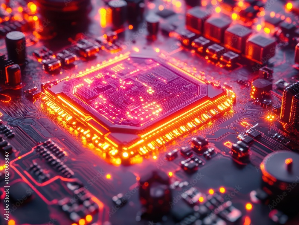 intricate macro shot of a computer processor, with neon led lights illuminating its surface, showcasing the complexity of technology and modern hardware in vivid detail intricate macro shot of a computer processor, with neon led lights illuminating its surface, showcasing the complexity of technology and modern hardware in vivid detail