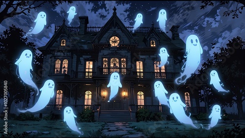 Glowing Anime Ghosts Floating Around a Dark Gothic Mansion at Night photo