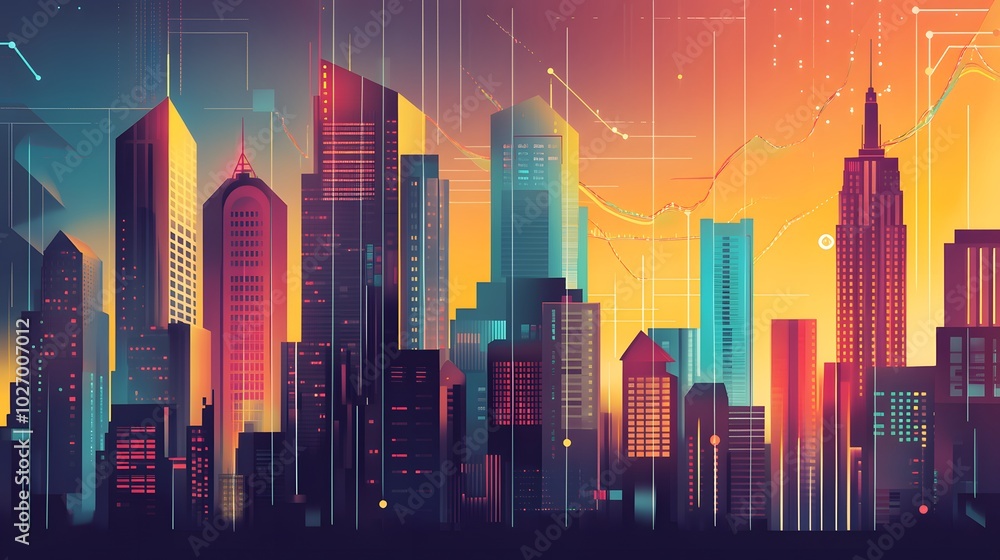 A Vibrant Cityscape at Sunset with Digital Overlay A Vibrant Cityscape at Sunset with Digital Overlay