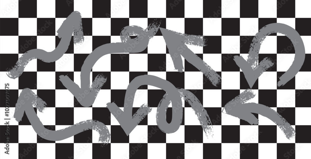 Set of black hand drawn grunge doodle spiral and curved charcoal, chalk arrows on white background. Scribble symbols of direction pointers, swirl arrow elements for infographic design