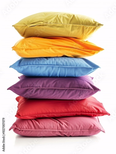 A pile of plush cushions on a solid white background.