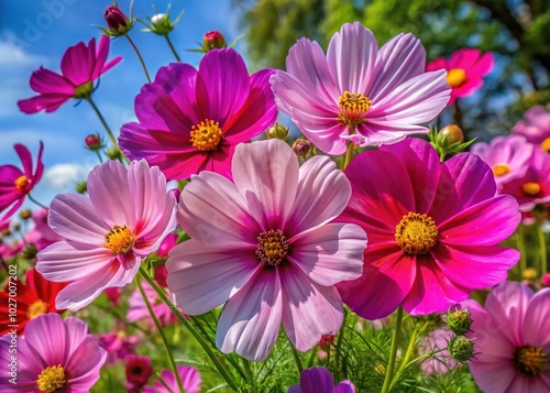 Vibrant bouquet of cosmos flowers in full bloom showcasing their colorful petals and lush foliage