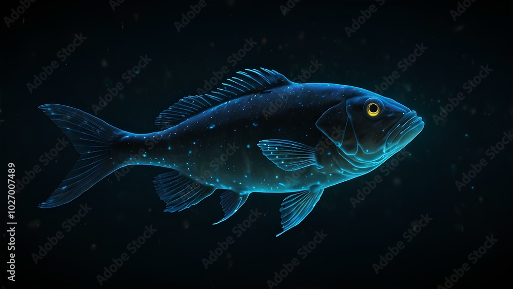 Fototapeta premium Bioluminescent Fish Glowing in a Dark Ocean Trench – Deep-Sea Life Exploration