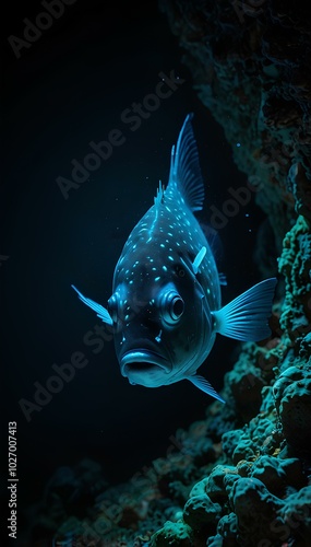 Bioluminescent Fish Glowing in a Dark Ocean Trench – Deep-Sea Life Exploration photo