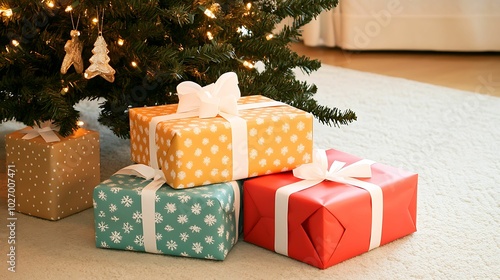 Beautifully wrapped Christmas presents in festive colors with bows placed under a decorated tree, featur photo