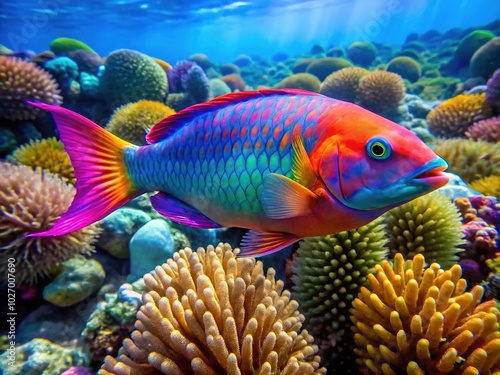 Vibrant Daisy Parrotfish Swimming in Crystal Clear Tropical Waters of a Coral Reef Ecosystem