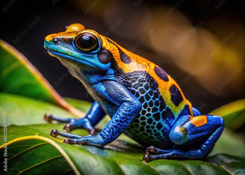 Vibrant El Cope Dart Frog with Striking Colors Resting on a Leaf in Its Natural Rainforest Habitat Vibrant El Cope Dart Frog with Striking Colors Resting on a Leaf in Its Natural Rainforest Habitat