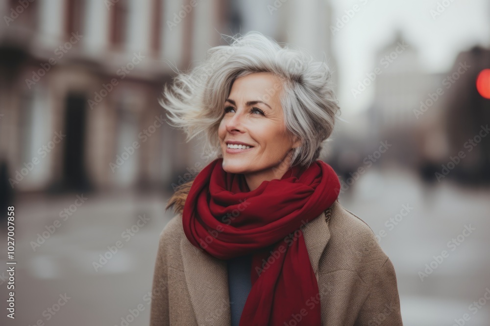 Portrait of a smiling senior woman in the city at winter time Portrait of a smiling senior woman in the city at winter time
