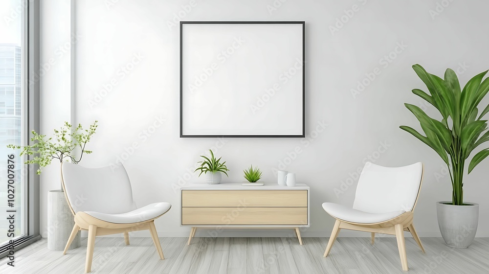 A modern minimalist seating area featuring two white chairs, a light wood cabinet, indoor plants, and a large window providing natural light. A modern minimalist seating area featuring two white chairs, a light wood cabinet, indoor plants, and a large window providing natural light.