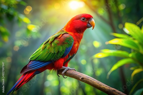 Vibrant Electus Parrot on Branch - Colorful Bird Photography for Nature Enthusiasts photo