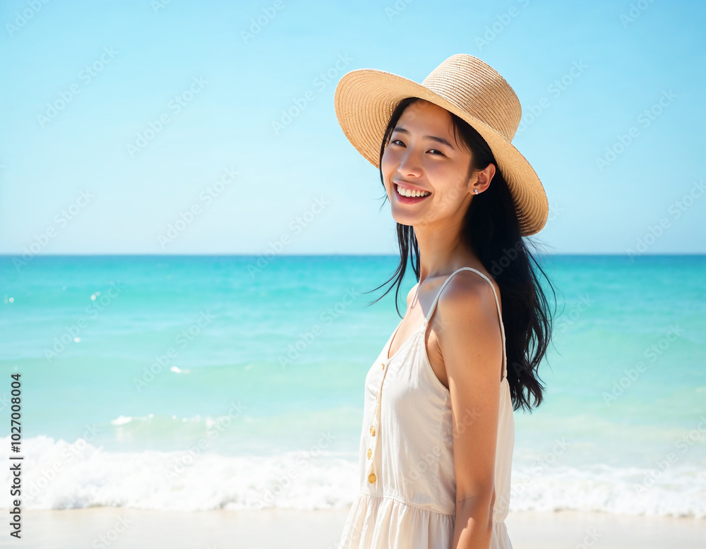 Young Woman Enjoying Summer Sunshine on the Beach Young Woman Enjoying Summer Sunshine on the Beach