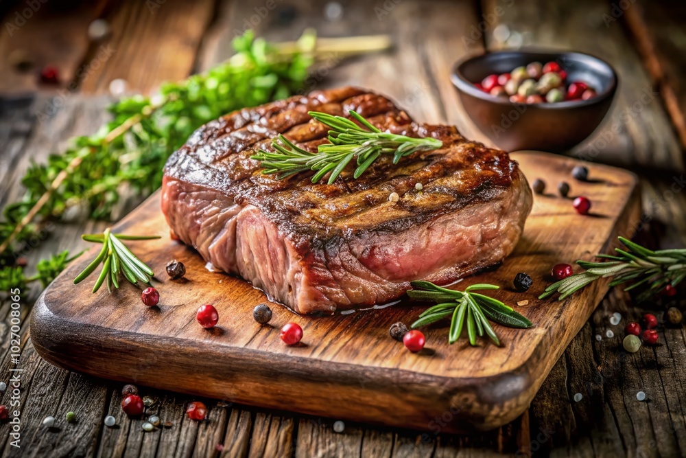 Savory grilled steak rests on a rustic wooden board, adorned with vibrant, fresh herbs, creating a captivating scene perfect for culinary Savory grilled steak rests on a rustic wooden board, adorned with vibrant, fresh herbs, creating a captivating scene perfect for culinary