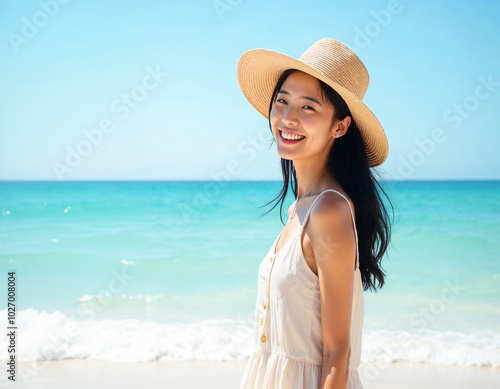 Young Woman Enjoying Summer Sunshine on the Beach