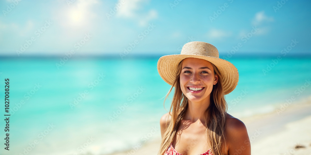 Young Woman Enjoying Summer Sunshine on the Beach Young Woman Enjoying Summer Sunshine on the Beach