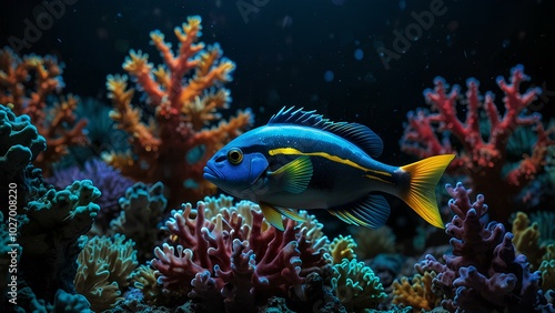 Coral Reef at Night with a Radiant Glowing Fish – Marine Life in the Dark photo