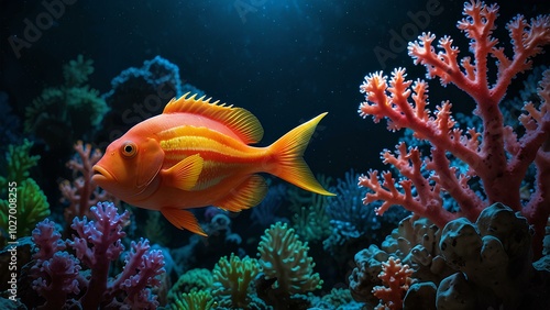 Coral Reef at Night with a Radiant Glowing Fish – Marine Life in the Dark photo