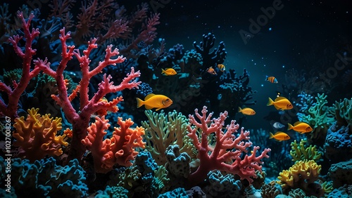 Coral Reef at Night with a Radiant Glowing Fish – Marine Life in the Dark photo