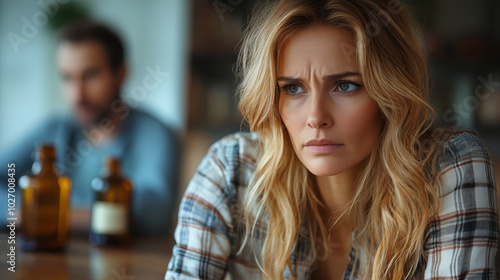 Wallpaper Mural Concerned blonde woman with beer bottles, man in background, domestic conflict Torontodigital.ca